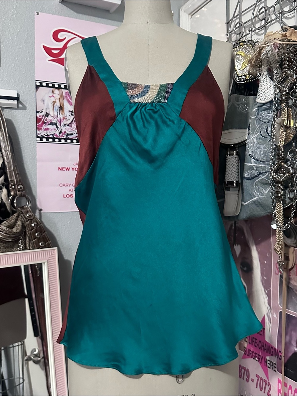 Etro Teal and Burgundy Satin Camisole with Embellished Neck